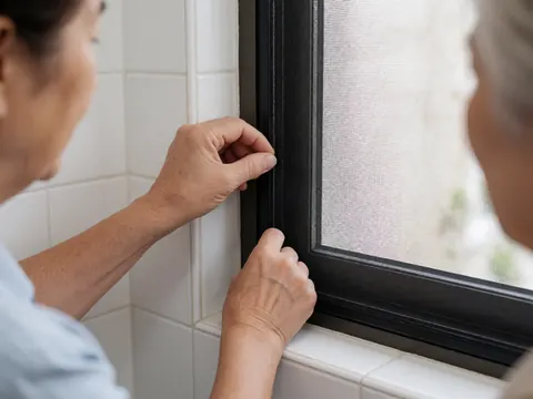 Close-up of hands securing a black mesh screen into a black-framed window set against a white tiled wall.