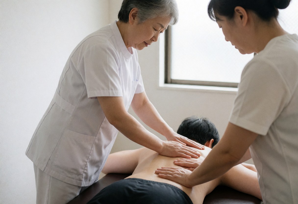 Two massage therapists working on a client's back while lying on a table in a white room