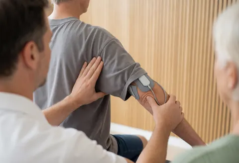 A therapist guides a patient's arm movement while applying TENS electrodes in a modern clinic with light wood walls.