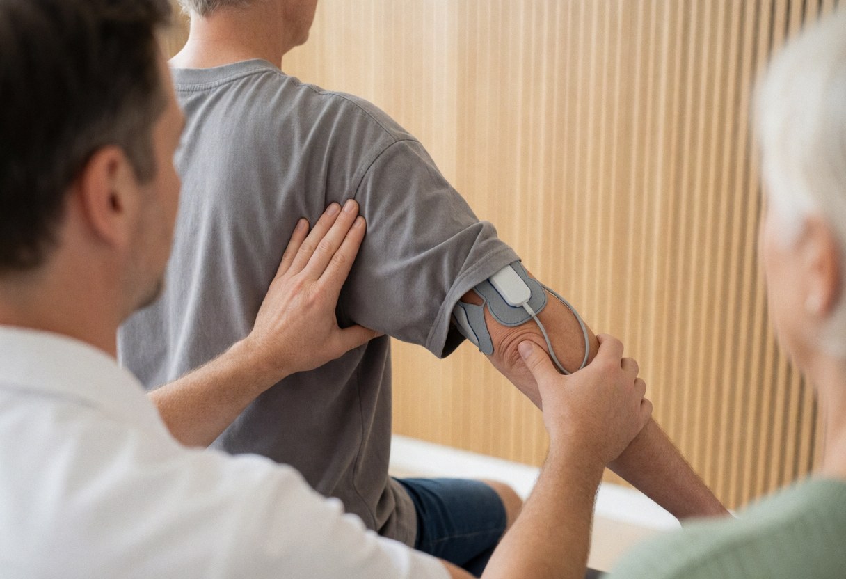 A therapist guides a patient's arm movement while applying TENS electrodes in a modern clinic with light wood walls.
