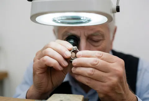A jeweler inspects a ring using a loupe in a bright workshop setting