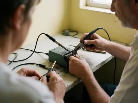 Close-up of hands using a soldering iron and pliers to repair a metal jewelry chain in a workshop with light yellow walls.