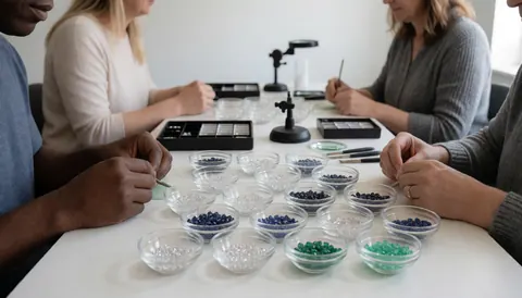 Jewelry experts inspecting loose gemstones in small cups on a white table within a workshop setting.
