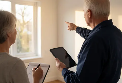 Technician in blue uniform points tablet at white wall while client takes notes near window