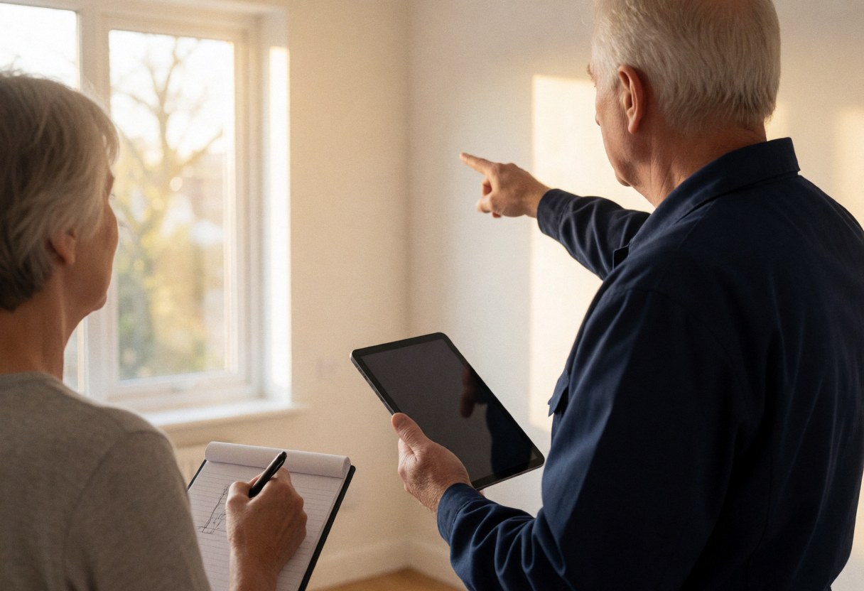 Technician in blue uniform points tablet at white wall while client takes notes near window