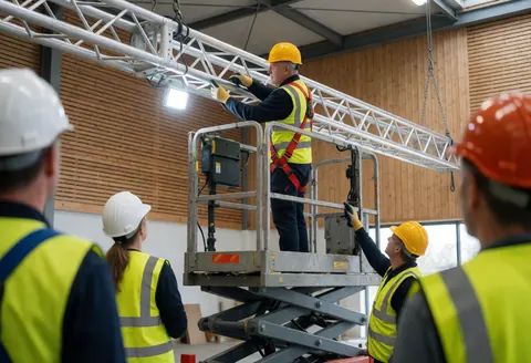 A technician working on an aluminum platform to install a metal lighting truss structure in an event hall with wooden walls.