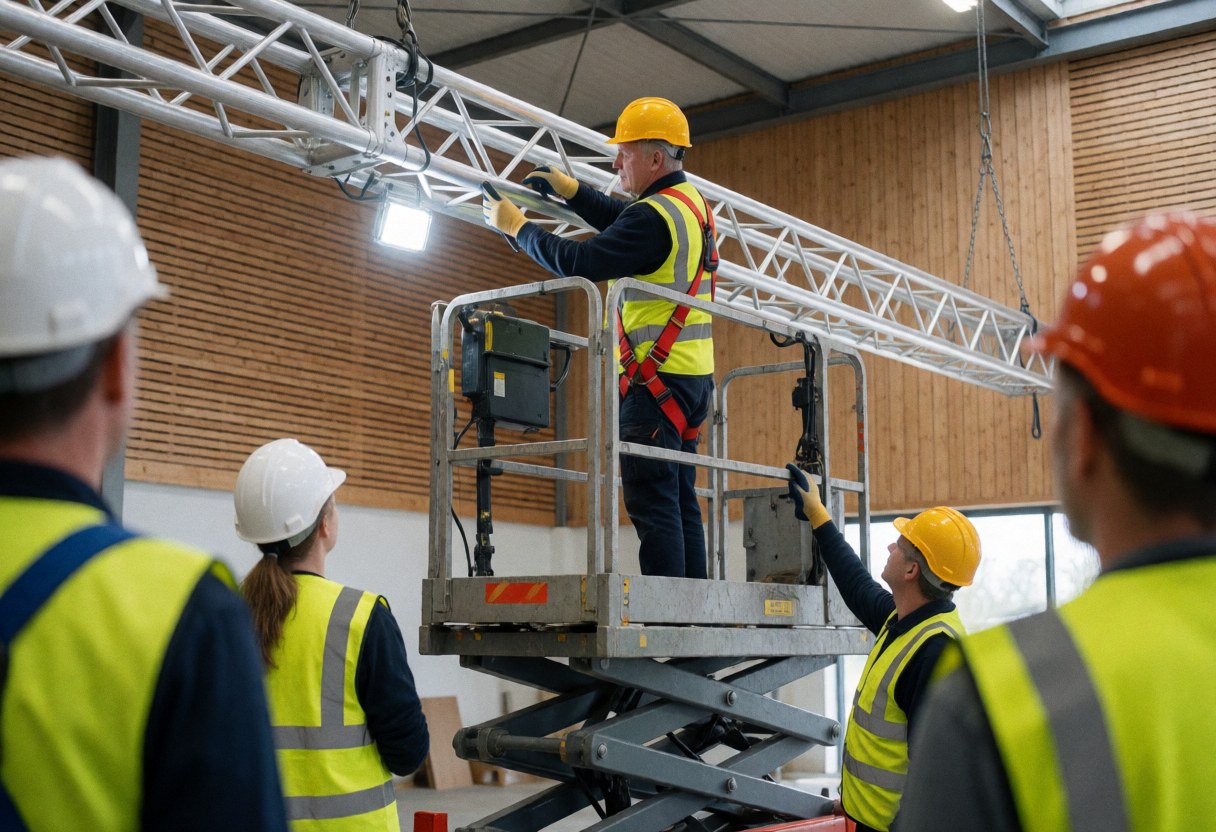 A technician working on an aluminum platform to install a metal lighting truss structure in an event hall with wooden walls.