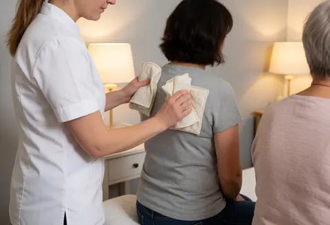 A therapist applies warm compresses to a seated client's back in a room with gray walls and warm lighting during a traditional medicine service.