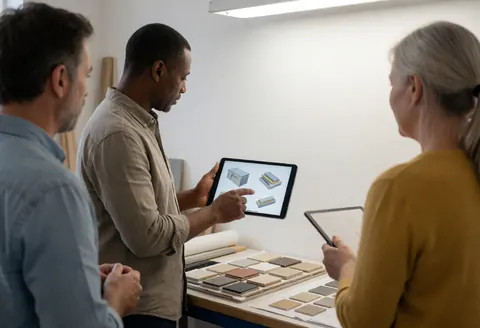 A professional displays 3D renderings on a tablet to clients in a metalworking shop with material samples on a table.
