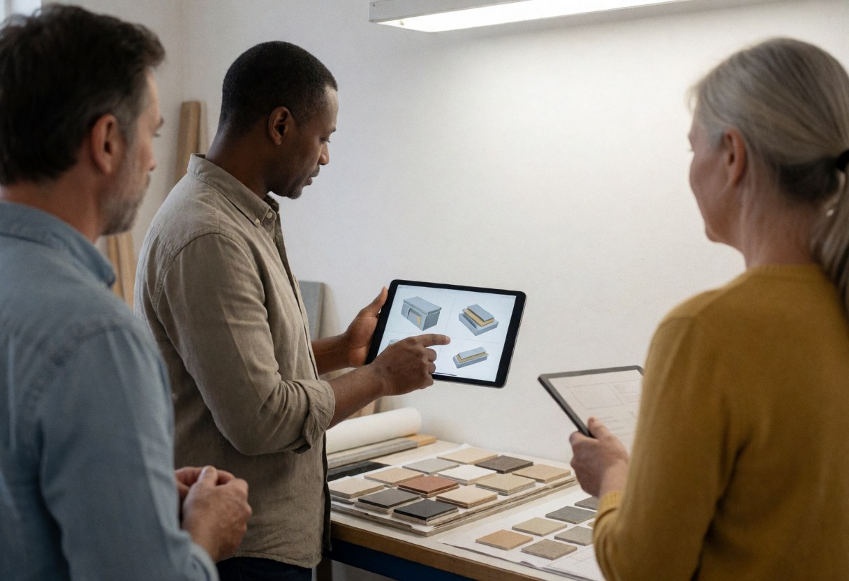 A professional displays 3D renderings on a tablet to clients in a metalworking shop with material samples on a table.