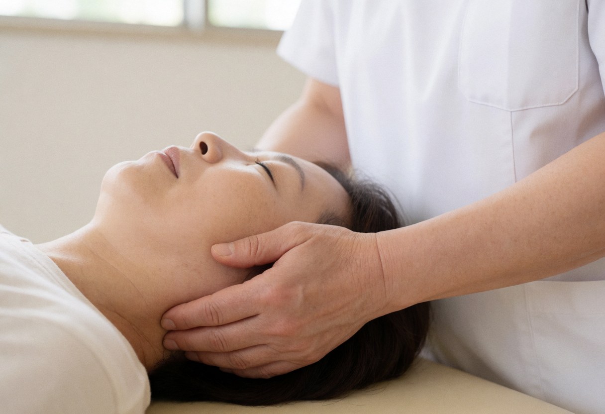 Close-up of hands performing a cervical adjustment on a patient in a clinical setting with natural lighting and a neutral background.