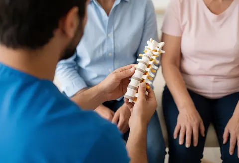A therapist in a blue uniform demonstrates a spinal column model to two seated clients in a well-lit office.