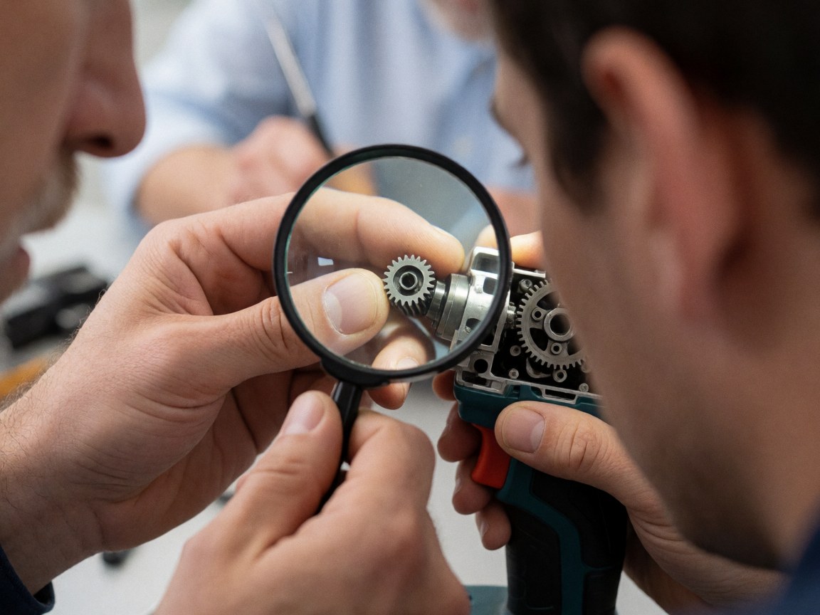 Close-up view of a technician using a magnifying glass to inspect a broken gear on an electric tool during mechanical repair work.