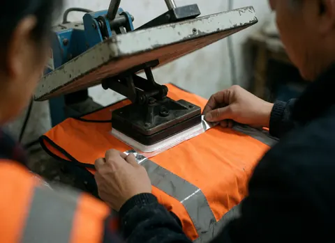 Heat press machine applying reflective tape to an orange safety vest in a workshop setting for apparel customization services.