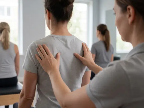 Therapist adjusting the posture of a seated client in a studio with gray walls and windows lit by natural light.