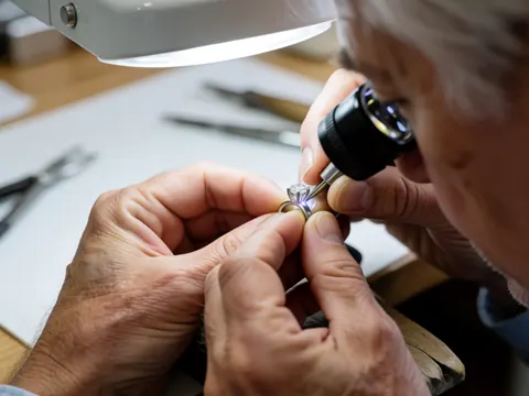 Close-up of hands using a magnifying glass and tools to repair a diamond ring on a white surface.