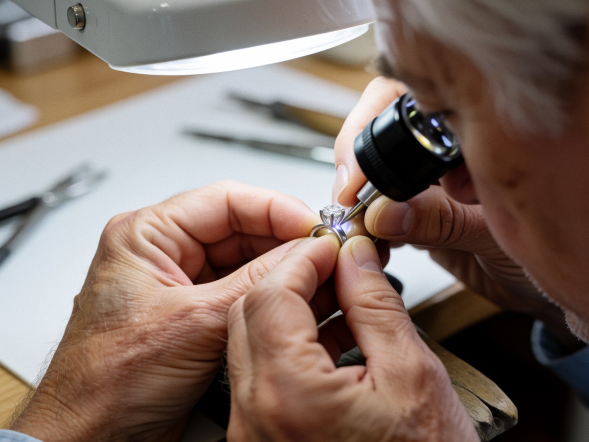 Close-up of hands using a magnifying glass and tools to repair a diamond ring on a white surface.