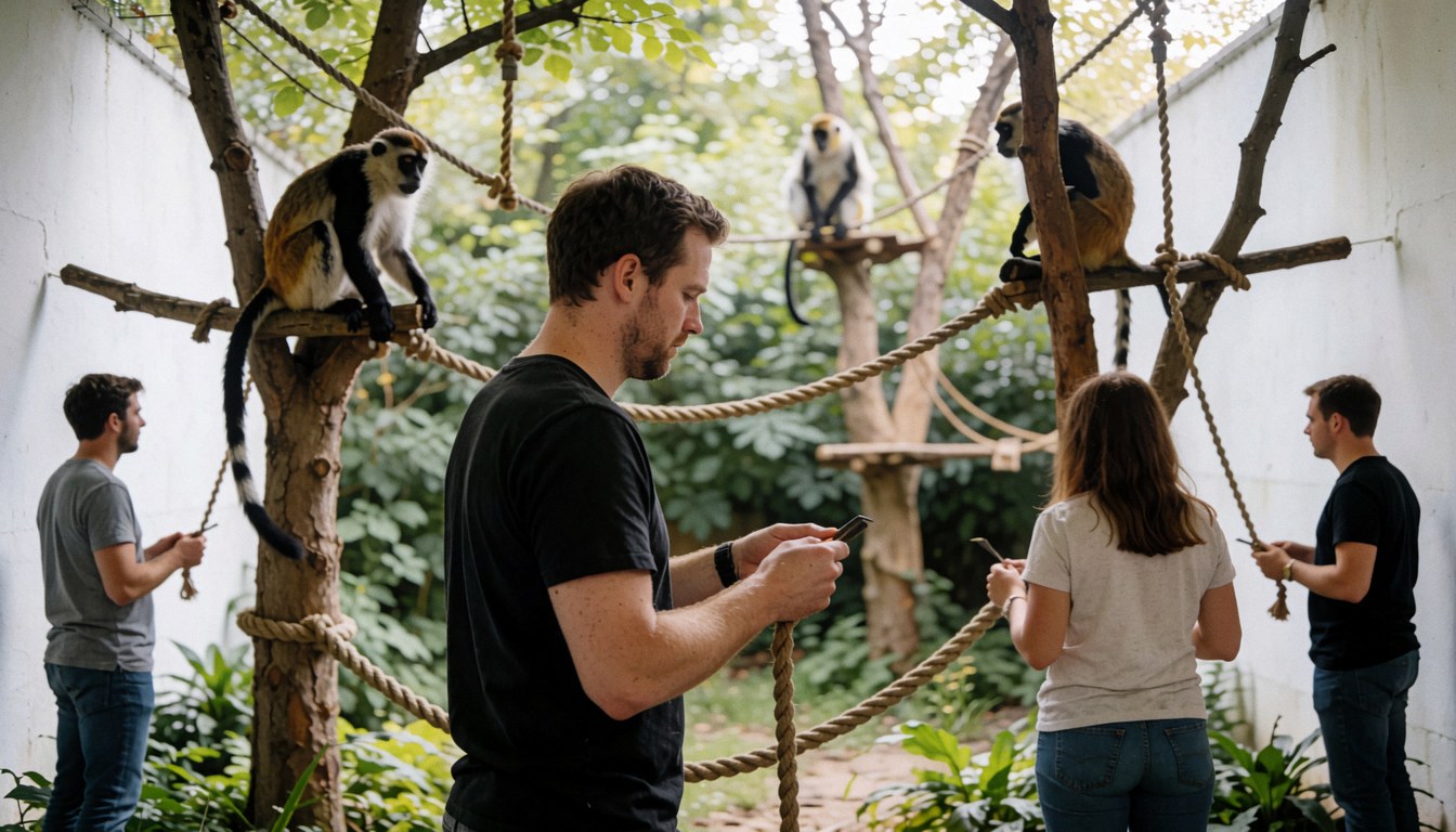 Four people holding smartphones while visiting a monkey exhibit with trees and ropes in an outdoor zoo setting.