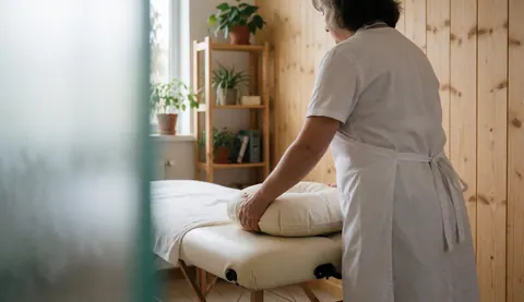A professional places a white pillow on a massage table in a room with wooden walls and plants for a wellness center.