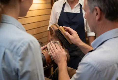 A cobbler cleans a leather shoe using a bristle brush and cloth in a workshop while a customer watches.