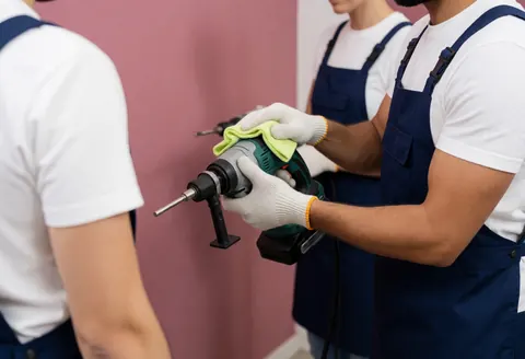 A technician wearing a blue apron and white gloves cleans an electric tool with a green cloth against a pink wall.