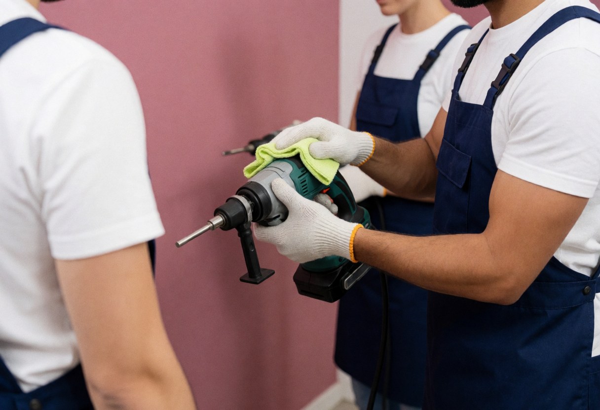 A technician wearing a blue apron and white gloves cleans an electric tool with a green cloth against a pink wall.