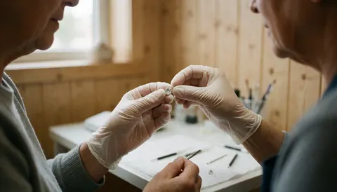 Close-up of gloved hands repairing a shiny gemstone in a workshop with light wood walls and visible tools.
