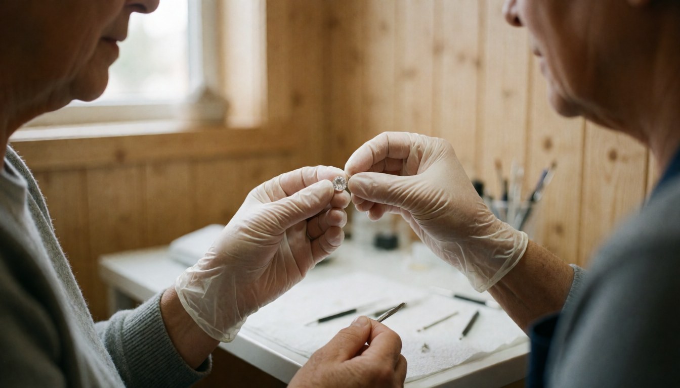 Close-up of gloved hands repairing a shiny gemstone in a workshop with light wood walls and visible tools.