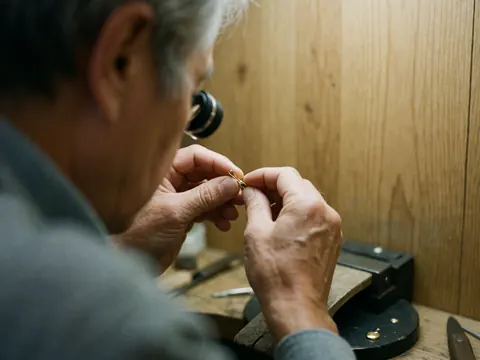 Close-up of a jeweler's hand using a magnifying loupe to inspect a small gold pin on a wooden workbench surrounded by tools.