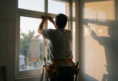 A technician adjusts an aluminum window frame using tools in a tiled room with natural sunset light.
