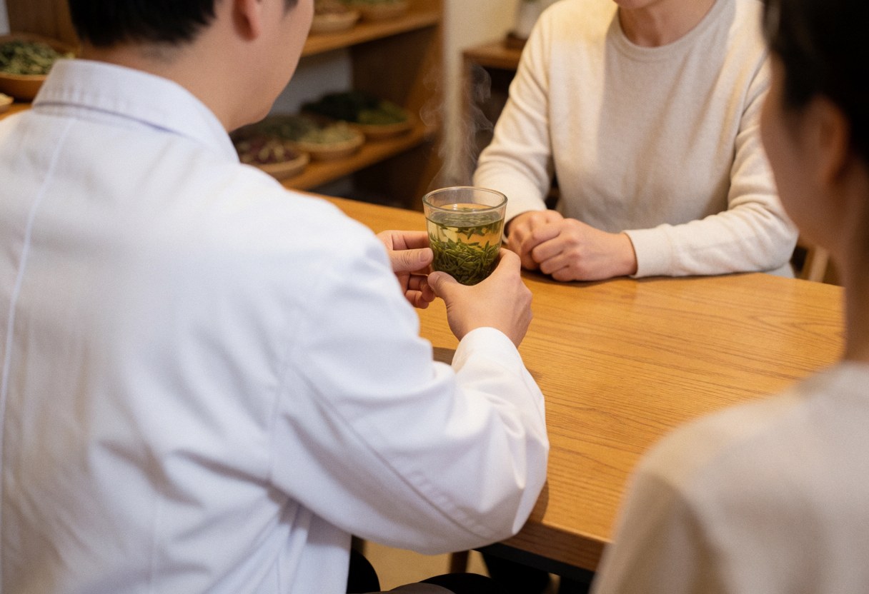 Acupuncturist in white coat offers green tea to seated client at wooden table with herbal shelves in background