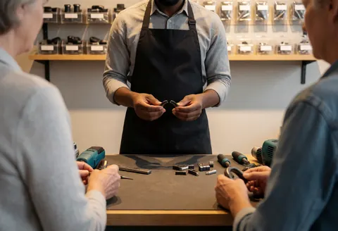 A technician in an apron displays replacement components to two clients at a tool shop counter with shelves of parts and tools.