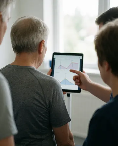 physiotherapist points to data on a tablet while an older client watches in a naturally lit clinic