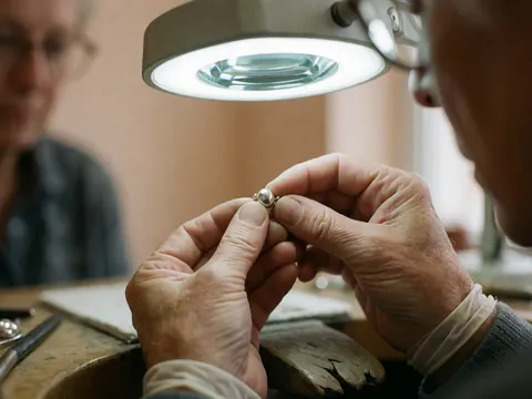 Close-up of jeweler's hands examining a polished earring post under bright inspection light in a workshop setting.
