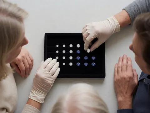 Close-up of gloved hands carefully setting gemstones on a black tray during jewelry repair work