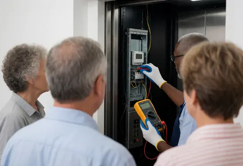 Technician wearing gloves uses a multimeter to inspect an elevator control panel while three people observe the service in a white-walled interior.