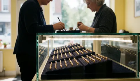 Two jewelers working with gold rings in a lit display case with yellow walls in a jewelry store