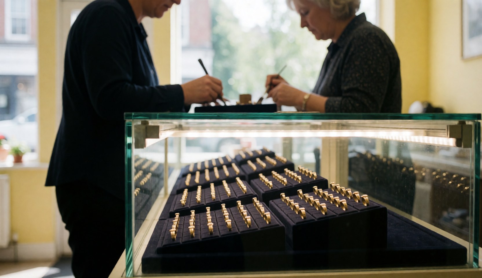 Two jewelers working with gold rings in a lit display case with yellow walls in a jewelry store