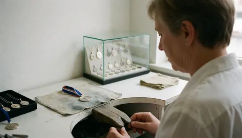 Jeweler polishing a medal in a workshop with a glass earring box and white wall, professional jewelry repair environment