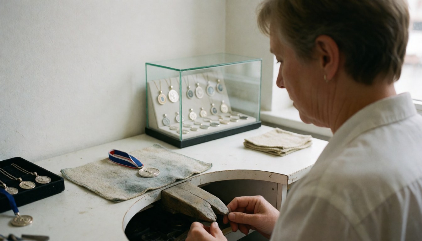 Jeweler polishing a medal in a workshop with a glass earring box and white wall, professional jewelry repair environment