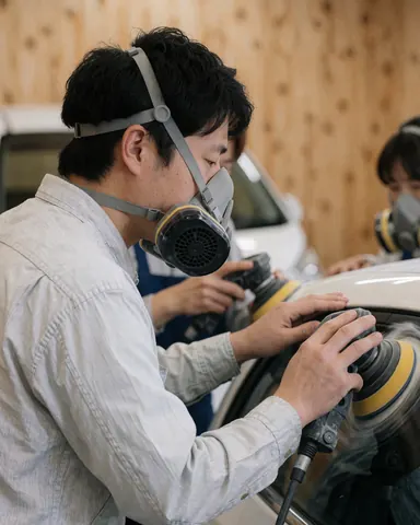 A worker wearing a respirator mask is polishing a car body panel in an auto repair shop.