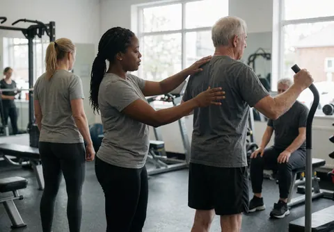 A fitness trainer assists an older client with proper exercise posture in a professional gym setting.