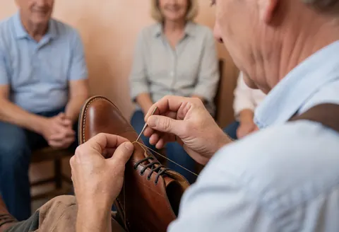 A cobbler uses a curved needle to stitch a leather shoe in a workshop with light plaster walls and seated clients watching.