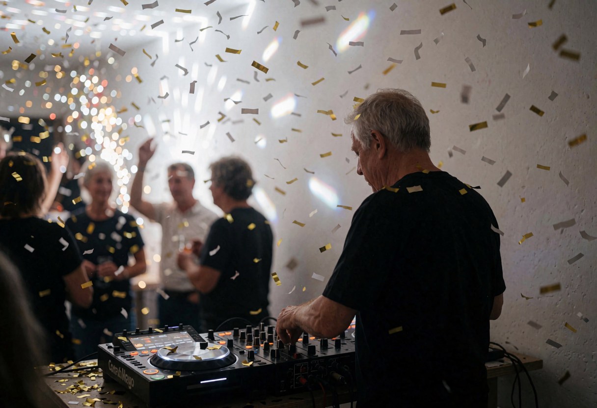 Professional DJ mixing music at a party with golden confetti and bright lights against white walls.