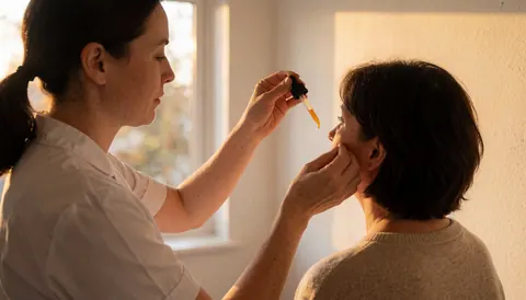 A therapist applies vitamin C serum to a client's face during a facial treatment in a beauty clinic with warm sunset lighting.