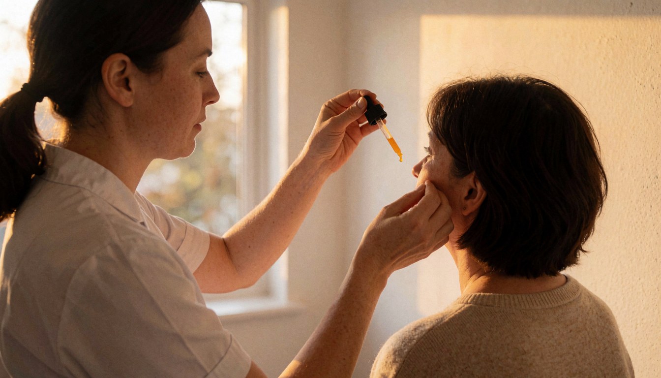 A therapist applies vitamin C serum to a client's face during a facial treatment in a beauty clinic with warm sunset lighting.