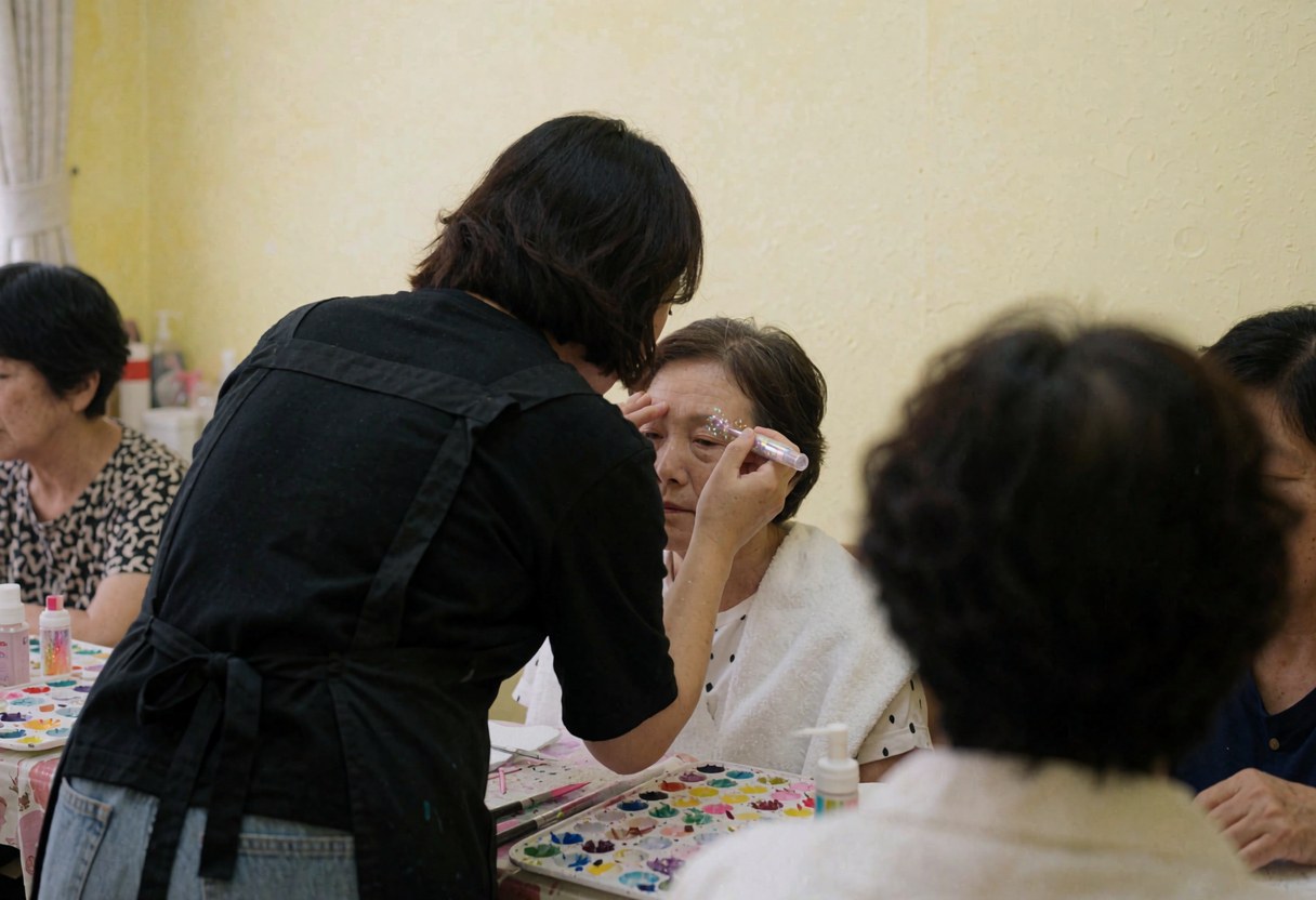 A professional makeup artist applies glitter near a seated client's eye in a salon with yellow walls and a color palette visible.