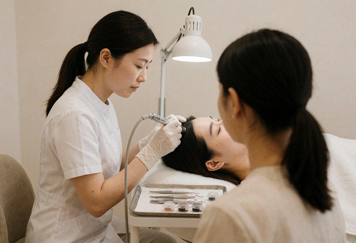 Close-up of gloved hands using a rotary device to apply eyebrow lamination on a client in a minimalist studio setting.