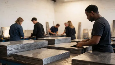Worker handling steel plates with tools in a metal cutting workshop with white walls and warm lighting.