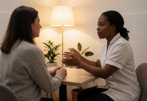 A therapist in a white uniform uses hand gestures to explain something to a seated client at a wooden table.
